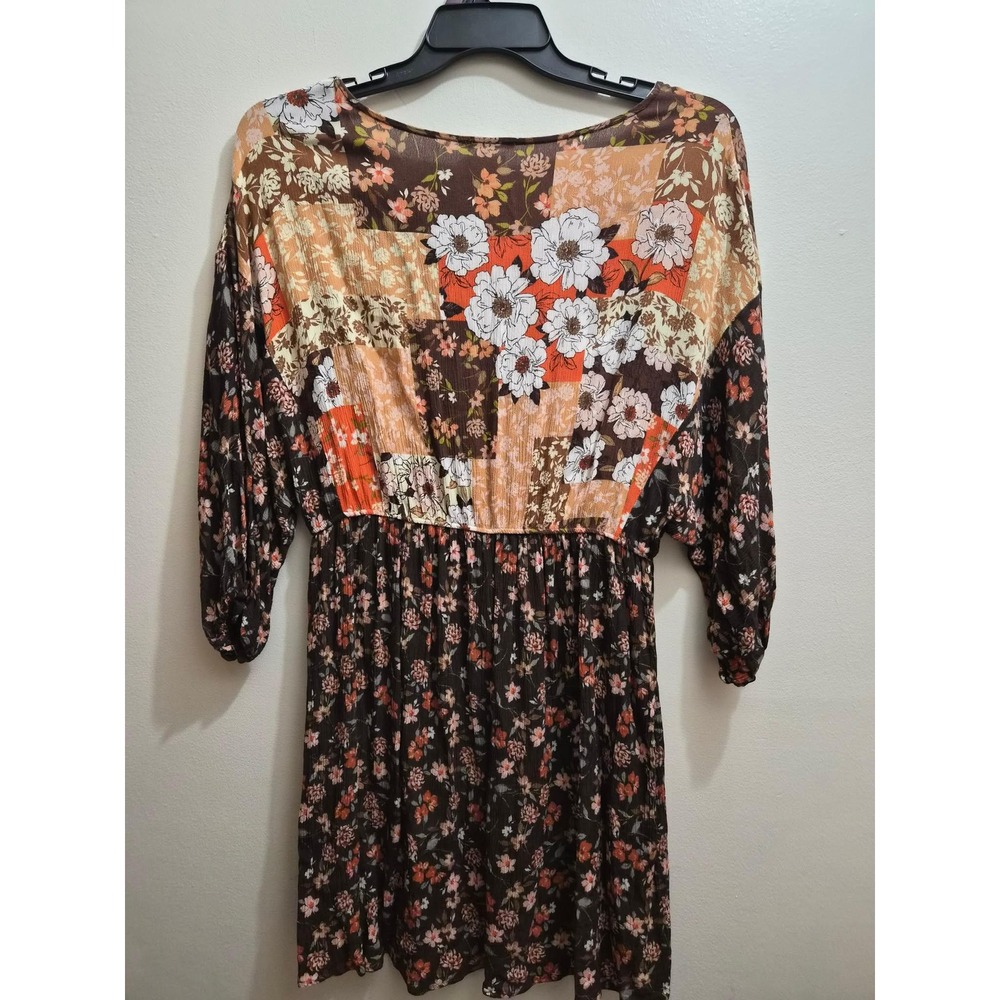 Oddi Women 1X Floral Patchwork Dress Brown Orange V-Neck Knee Length D21044P - Picture 4 of 4